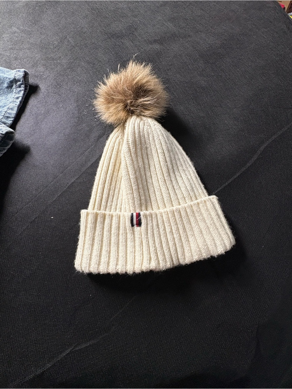 Cream Ribbed Pom Beanie with Fur Pom